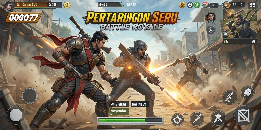 Screenshot utama GOGO77 menampilkan aksi Battle Royale yang mendebarkan.