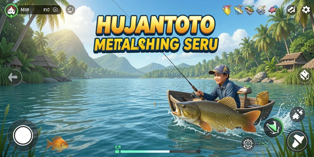 Tampilan gameplay HUJANTOTO menunjukkan serunya memancing di lokasi indah.