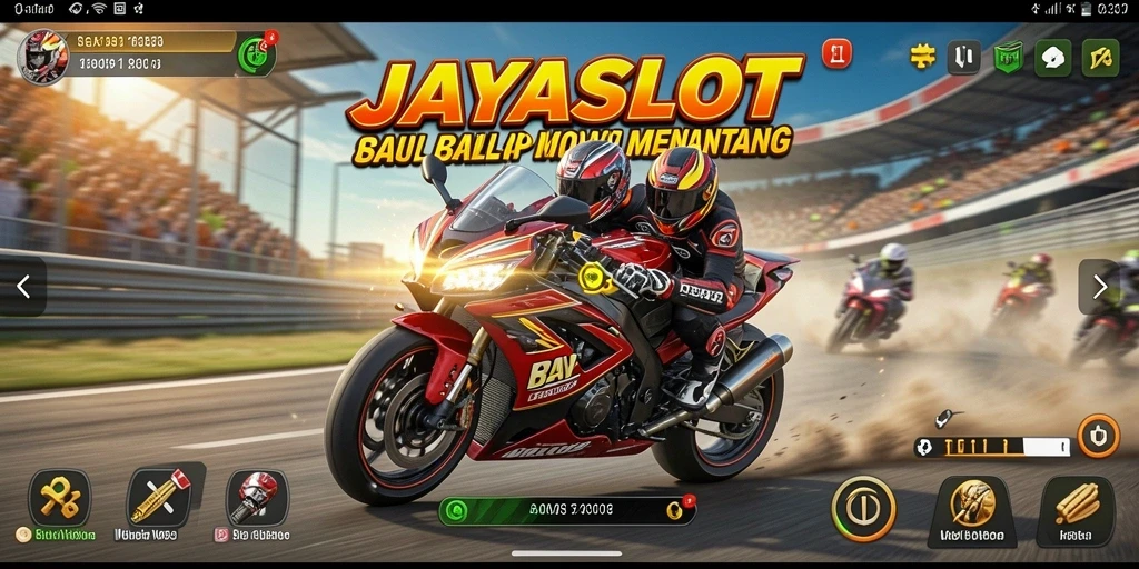 Tangkapan layar gameplay JAYASLOT yang menampilkan balapan motor yang intens.