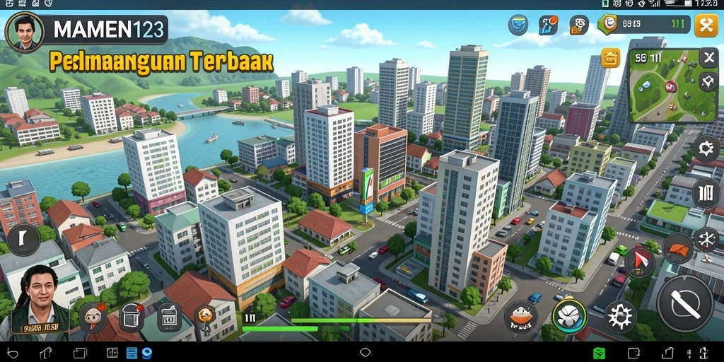 Screenshot gameplay <strong>MAMEN123</strong> menampilkan pembangunan kota yang dinamis.